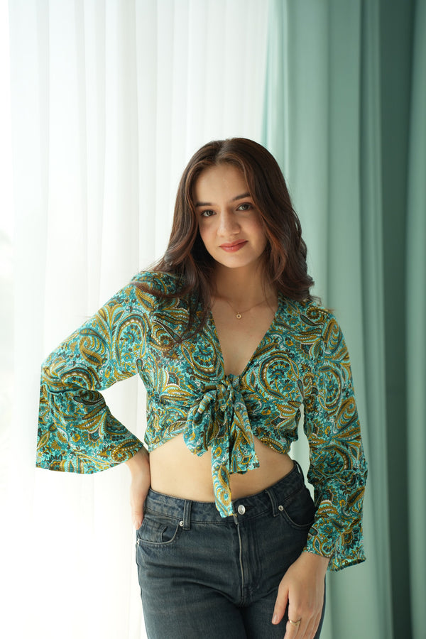 Teal Paisley Tie-Front