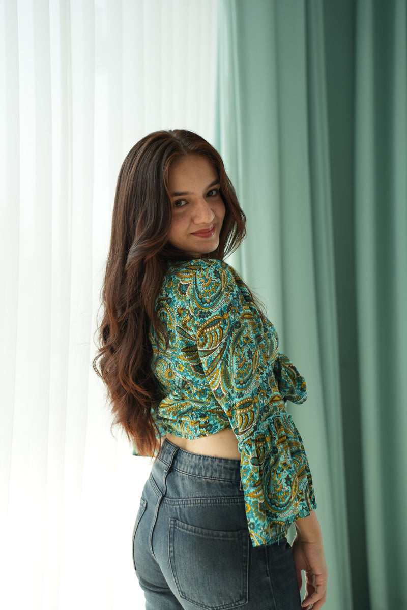 Teal Paisley Tie-Front
